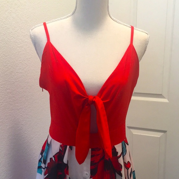 Tie Front V Neck Cami Floral Print Spaghetti Strap Button Down A-Line Ma… - Picture 4 of 11